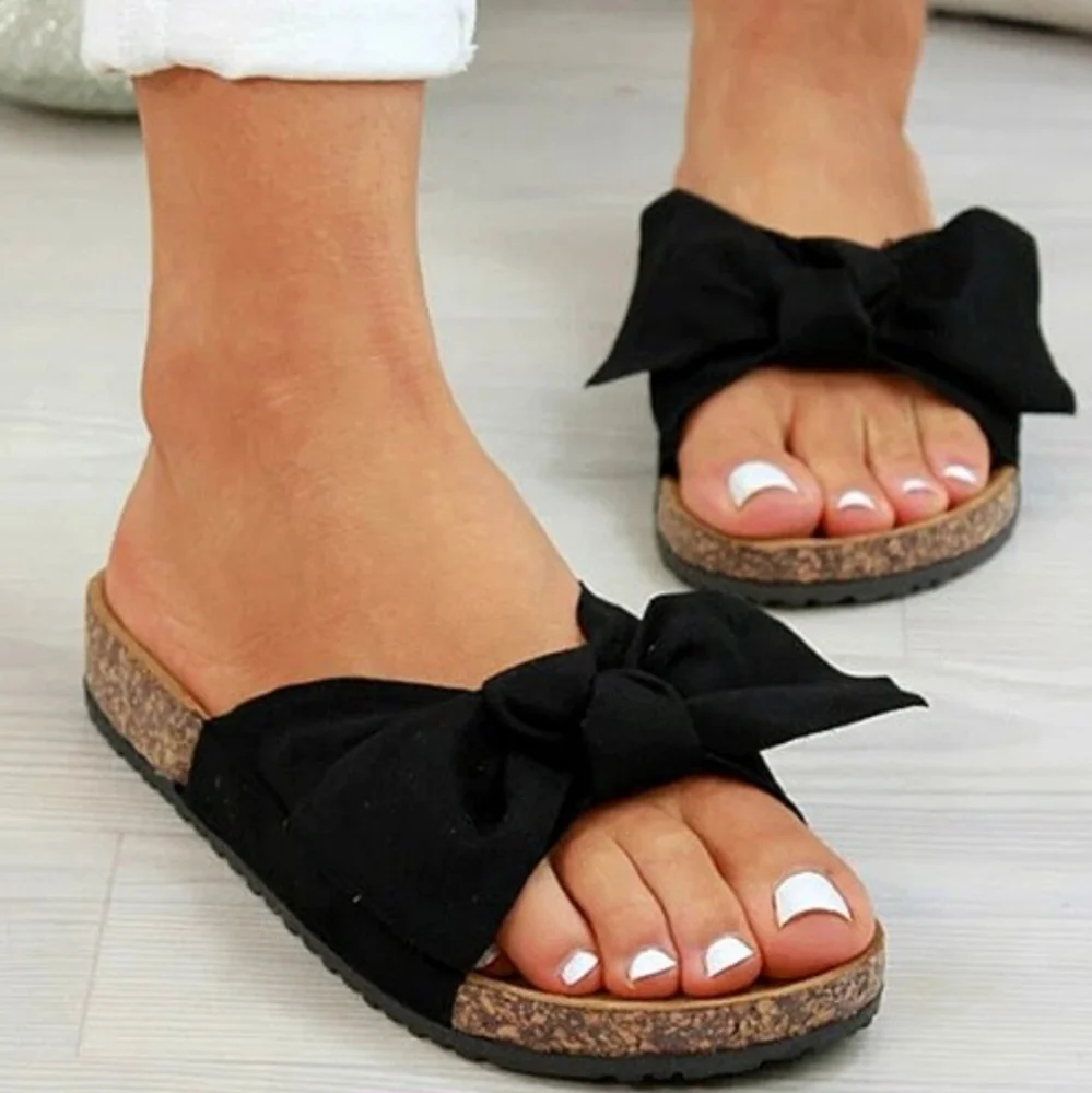 Black Velvet Bow Cork Heel Slip-On Sandals EU 39 - Picture 4 of 15